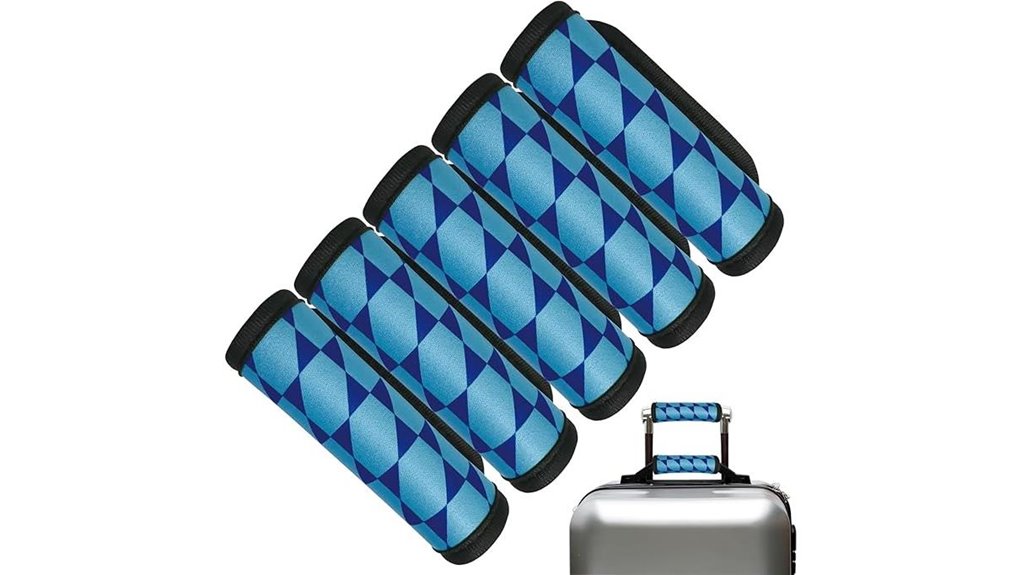 five blue luggage tags
