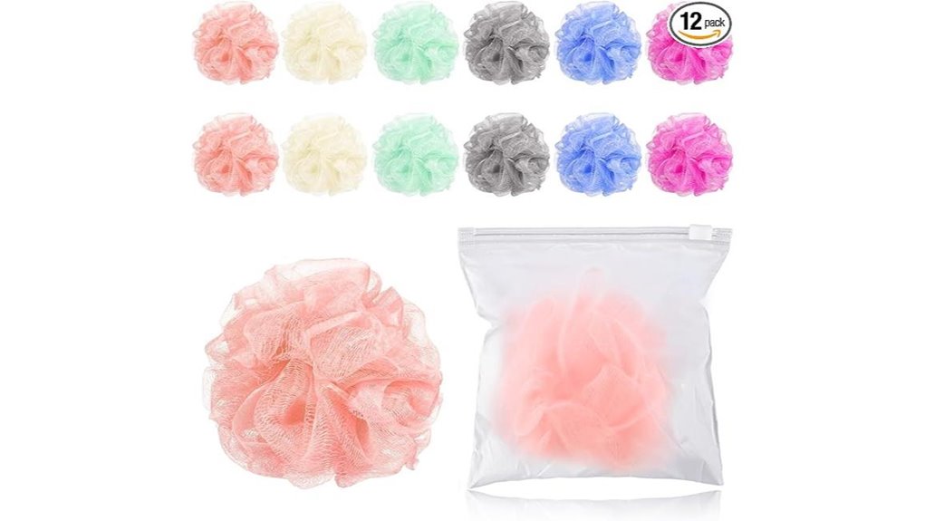 twelve individually wrapped loofahs