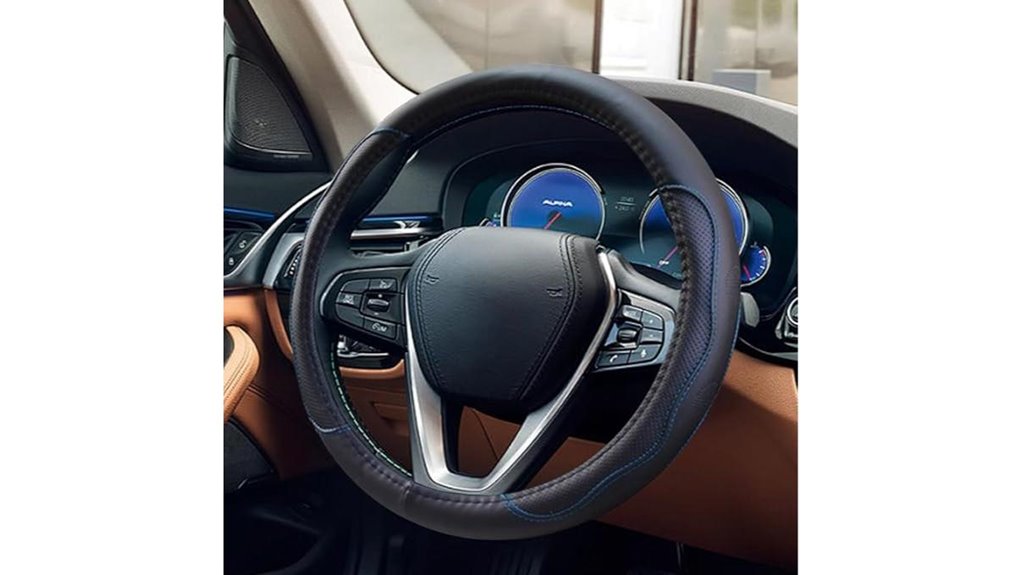 15 inch black blue leather steering cover