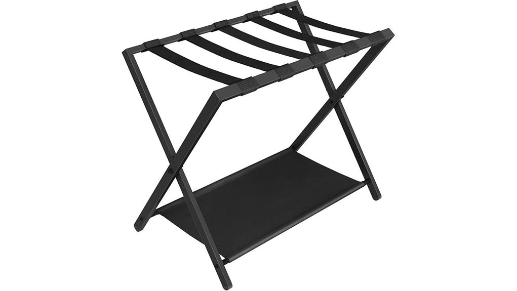 black folding luggage rack with shelf