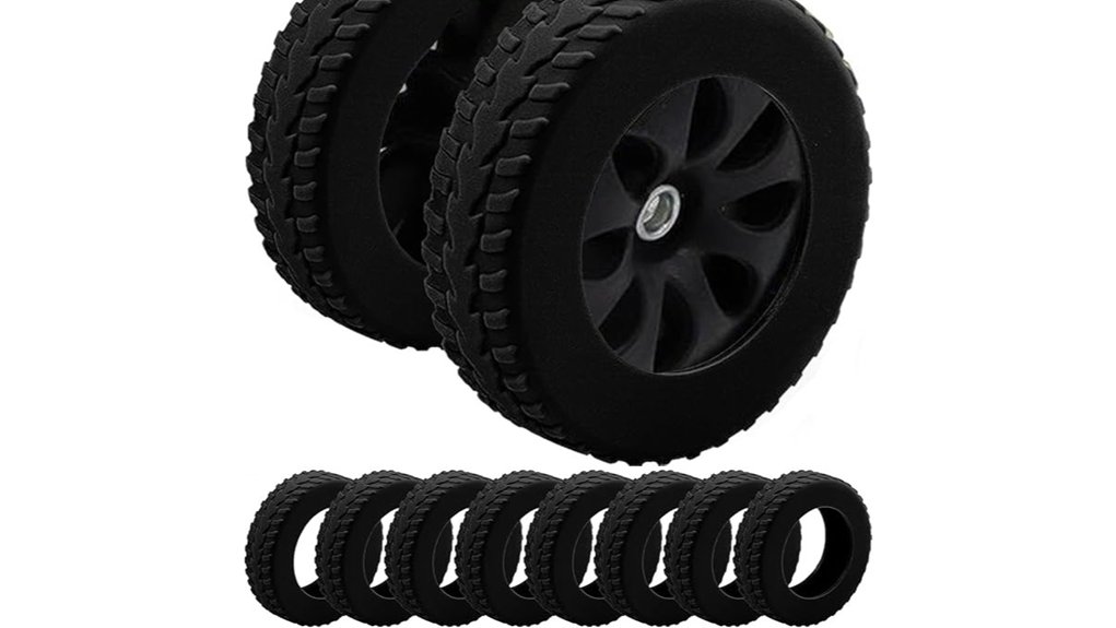 eight black luggage wheel covers