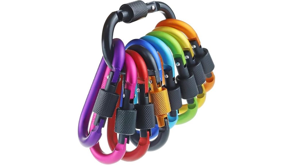 ten multicolor aluminum locking carabiners